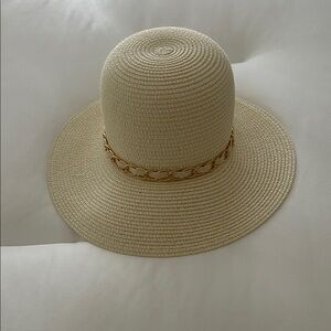 Elegant Cream Wide-Brim Hat with Gold Chain Accent